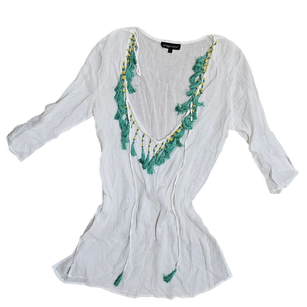 Womens Swimsuit Coverup Tunic L Spaggia Dolce Sheer Embellished Tassels Beaded